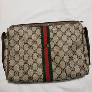 Gucci Vintage Sherry Line GG Web PVC Canvas Leather Brown Clutch Bag Authentic